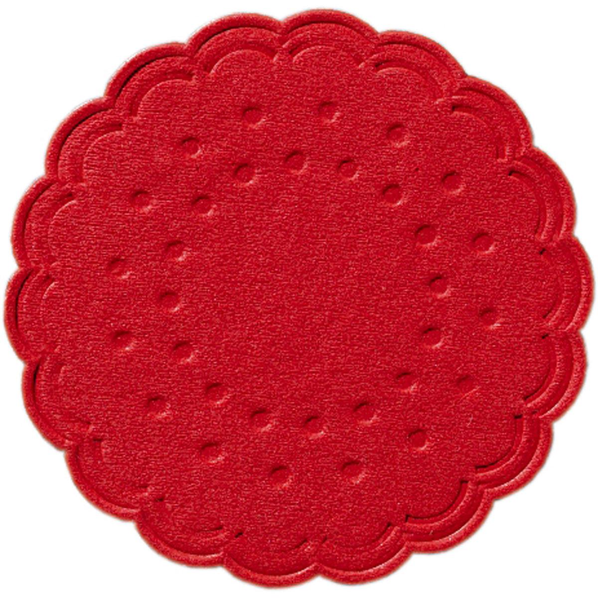 Ein flacher, runder, roter Tassenuntersetzer (Ø 7,5 cm) der Duni GmbH mit gewellten Rändern und symmetrischem Muster, hier auf weißem Hintergrund. Erhältlich in 8er-Sets oder 250er-Packungen für Getränke.
