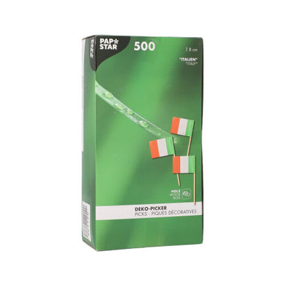 En hvid boks med påskriften „PAPSTAR 500 Deko-Picker 8 cm hvid“ fra PAPSTAR GmbH indeholder miljøvenlige dekopicker til stilfulde præsentationer. På forsiden er forskellige dekopicker og en flersproget tekst afbildet.