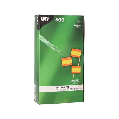 I en hvid boks med teksten 'PAPSTAR 500 Deko-Picker 8 cm hvid' fra PAPSTAR GmbH findes 8 cm lange Deko-Picker. Emballagen viser udover billedet af picks også tekster på tysk, engelsk og fransk – ideel til stilfulde præsentationer!