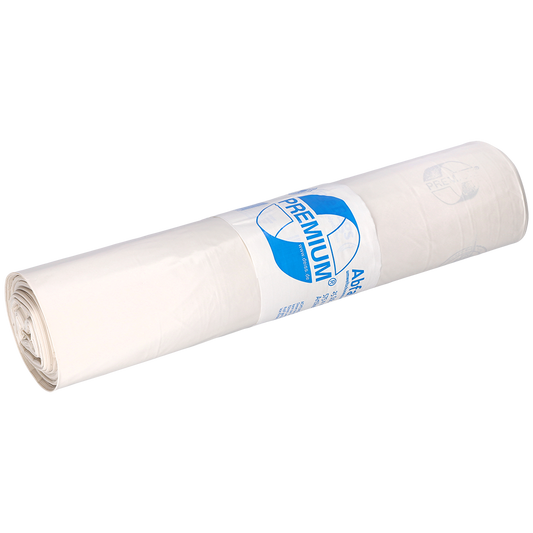 Eine Rolle EMIL DEISS KG (GmbH + Co.) Müllsäcke, Modell DEISS 16709, 575x1000 mm, weiß mit "PREMIUM" auf dem Etikett. Die Packung enthält 25 Stück.