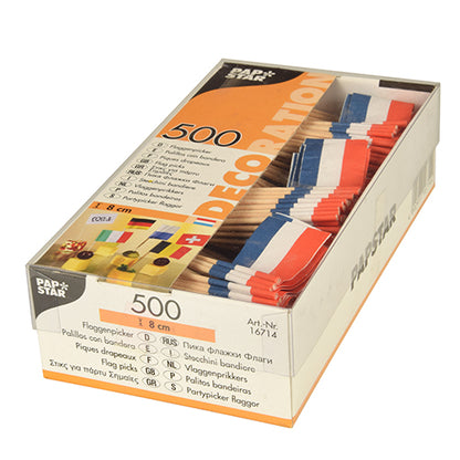 En boks med 500 PAPSTAR Deko-Picker 8 cm hvid fra PAPSTAR GmbH, ideel til stilfulde præsentationer. Den transparente emballage bærer teksten 'Pap Star' og indeholder produktdetaljer på flere sprog.