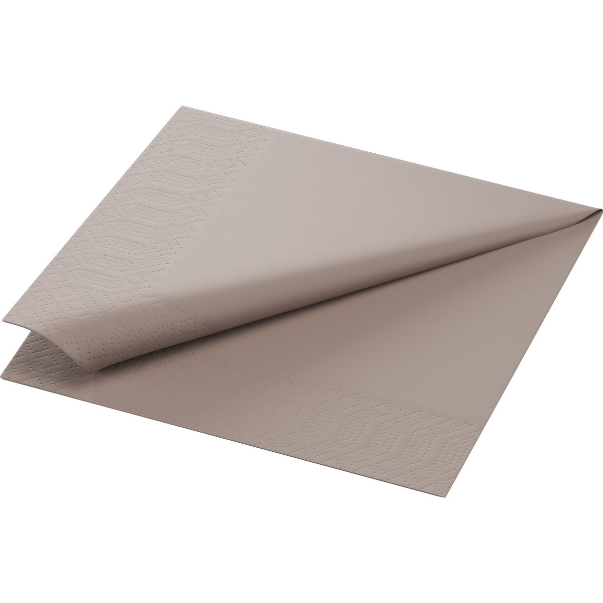 En enkelt foldet Duni GmbH Zellt.Serv.33x33 3lg. 1/4 grå serviet (33x33 cm, 3-lags) med diskret præget kant præsenteres foran en enkel hvid baggrund.