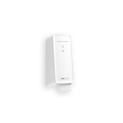 En hvid, rektangulær, vægmonteret CWS PureLine Surface Cleaner | Pakke (1 stk.) dispenser fra CWS med trykknap og enkel frontbeskrivelse tilbyder hygiejniske overflader mod en enkel hvid baggrund.