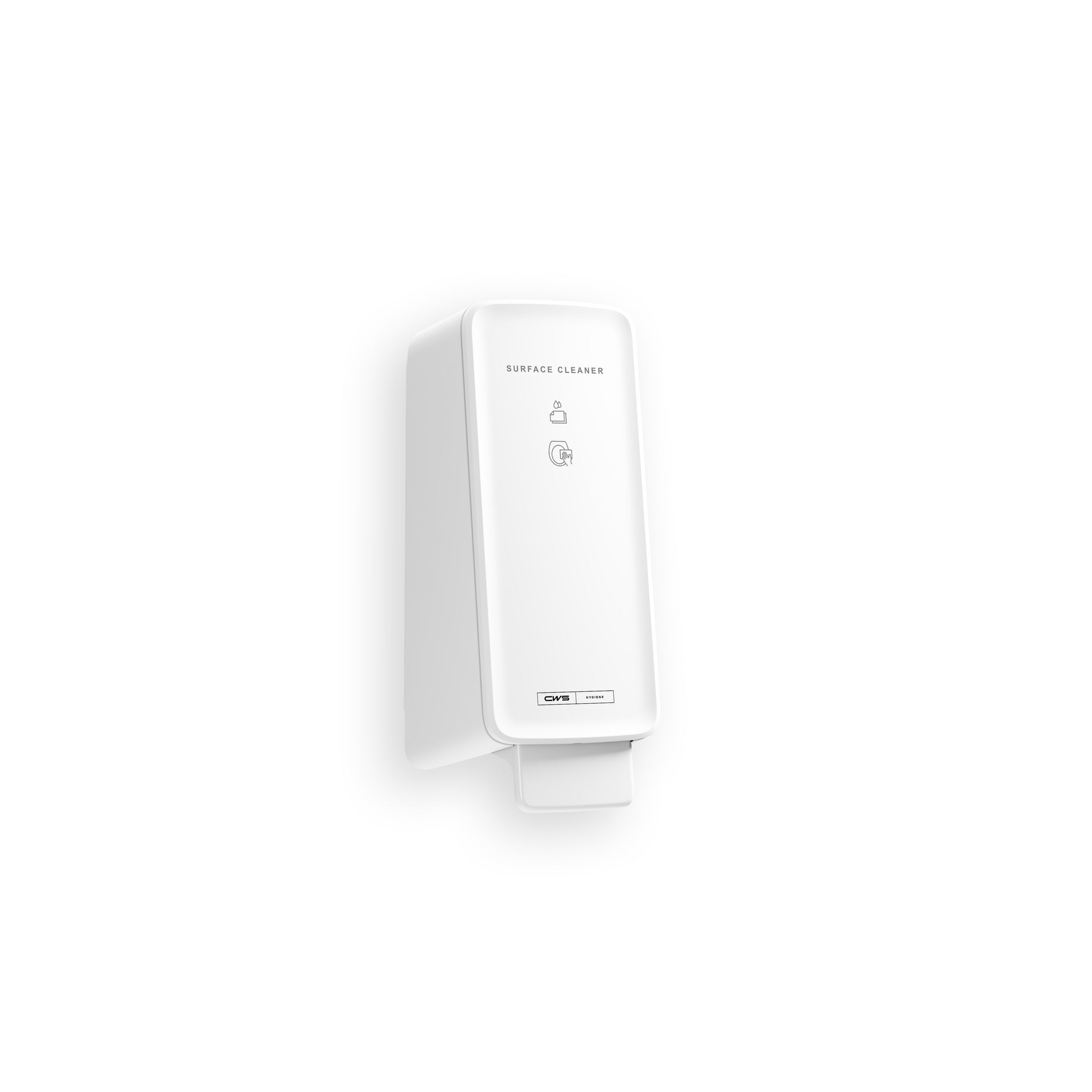 Ein weißer, wandmontierter CWS PureLine Surface Cleaner Toilettenspender mit rechteckigem, minimalistischem Design zeigt "Surface Cleaner", einfache Symbole und betont die hygienische Reinigung durch CWS für eine effektive Bakterienentfernung in jedem Raum.