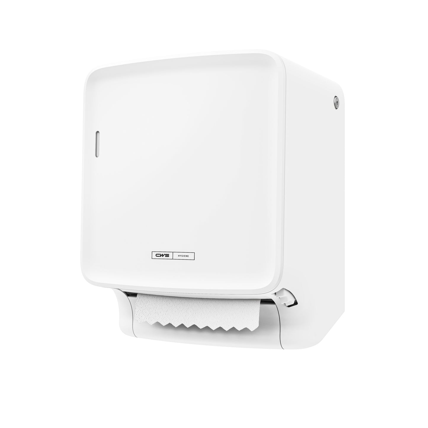 CWS PureLine Paperroll | Pakke (1 stk) fra CWS er en hvid vægdispenser, der udleverer et papirhåndklæde, isoleret på en enkel hvid baggrund - ideel til miljøvenlige hygiejnekrav.