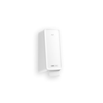 En hvid, vægmonteret CWS PureLine Cream sæbedispenser med rektangulær form, "SOAP"-etiket øverst og et trykhåndtag nederst. Perfekt til udlevering af CWS PureLine Cream cremesæbe. Ensfarvet hvid baggrund.