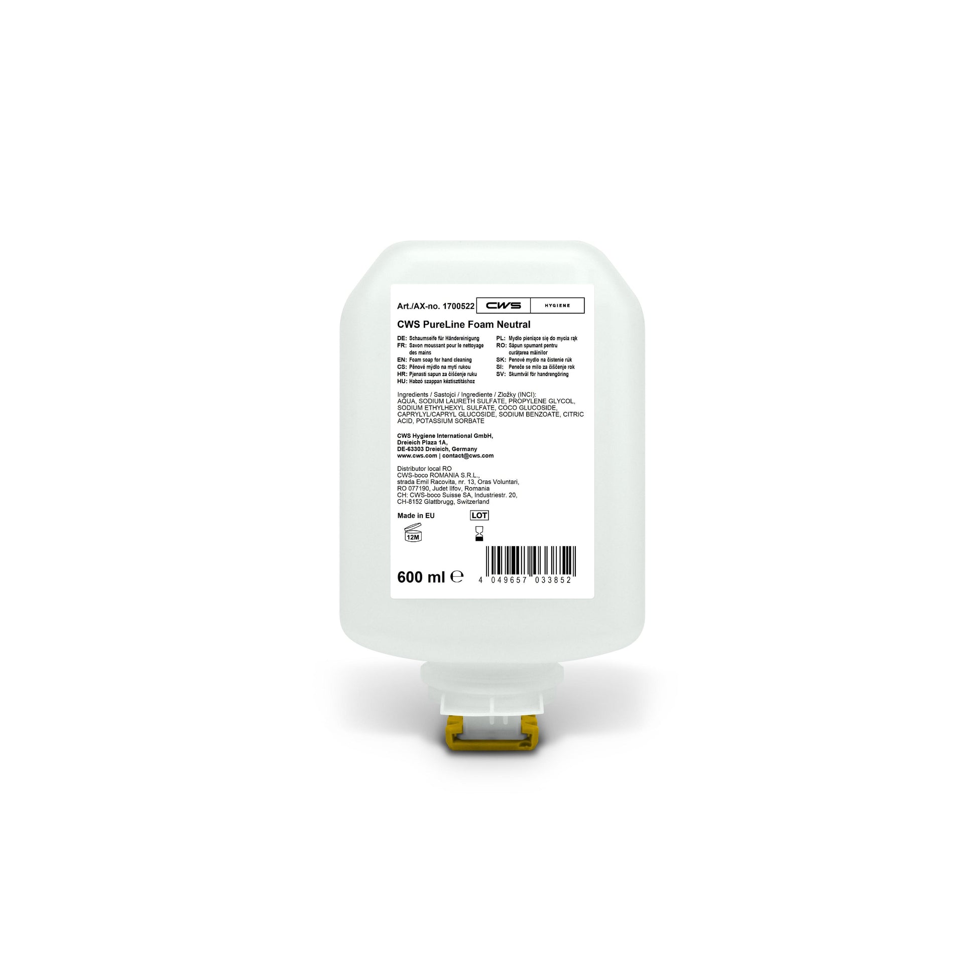 Eine 600-ml-Flasche CWS PureLine Foam Standard Handseife von CWS mit einem Frontetikett mit Angaben, Inhaltsstoffen und Barcode sowie einer gelben Spenderdüse - ideal für jeden Schaumseifenspender zur Gewährleistung einer optimalen Handhygiene.