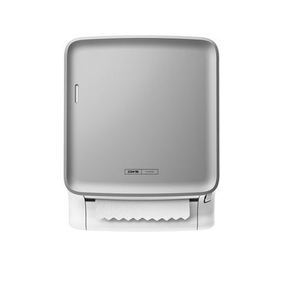 Det CWS PureLine frontpanel til PureLine Paperroll fra CWS tilbyder et slankt, rektangulært design til vægmonterede dispensere, der giver nem adgang og en synlig papirrolle i bunden.