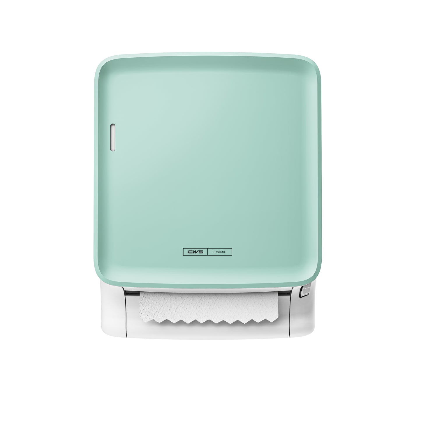 Den firkantede, mintgrønne CWS PureLine papirhåndklædedispenser til vægmontering med CWS PureLine frontpanel til PureLine Paperroll har en hvid frontplade og et delvist udtrukket ark foran en enkel hvid baggrund.
