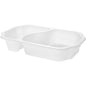 Duni GmbH Bioplastikskålen Take-Away 2 Hvid (250x159x45) er udstyret med to rum og er ideel som engangsskål til at tage med. Billedet viser en hvid bakke på en ensfarvet baggrund. Pakken indeholder 246 stykker.