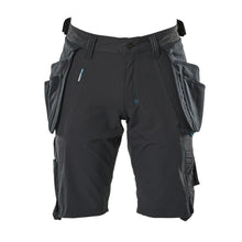 Shorts, aftagelige hængelommer, strækhåndværkershorts, sort-blå