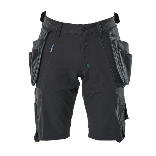 Shorts, aftagelige hængelommer, strækhåndværkershorts, sort-blå
