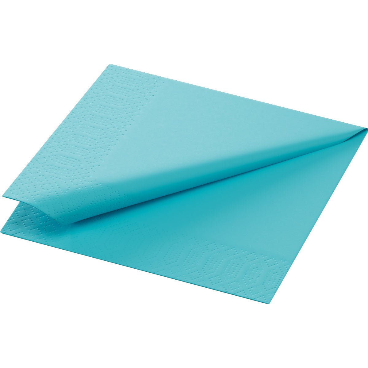 En delvist foldet celle serviet 24x24 cm, 3-lags, mintblå serviet fra Duni GmbH viser sit præget kantmønster mod en hvid baggrund. Hver pakke indeholder 250 servietter.