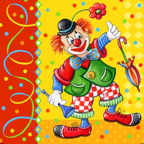 Ein Cartoon-Clown mit orangefarbenen Haaren, roter Nase und bunter Kleidung hält einen Regenschirm und ein Horn vor einem farbenfrohen Hintergrund - ideal für PAPSTAR 20 Servietten, 33 cm x 33 cm, 3-lagig, Design Set 5 von PAPSTAR GmbH.
