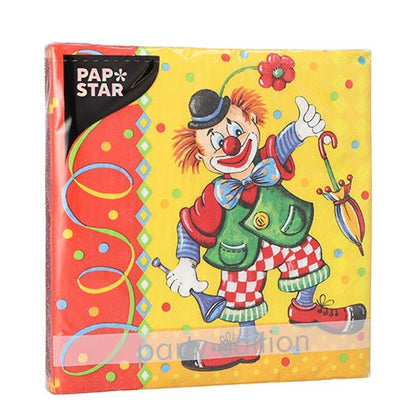 En farverig 3-lags serviet fra PAPSTAR GmbH 20 servietter, 33x33 cm sæt 5, med en tegneserieklovn på gul prikkeret baggrund.