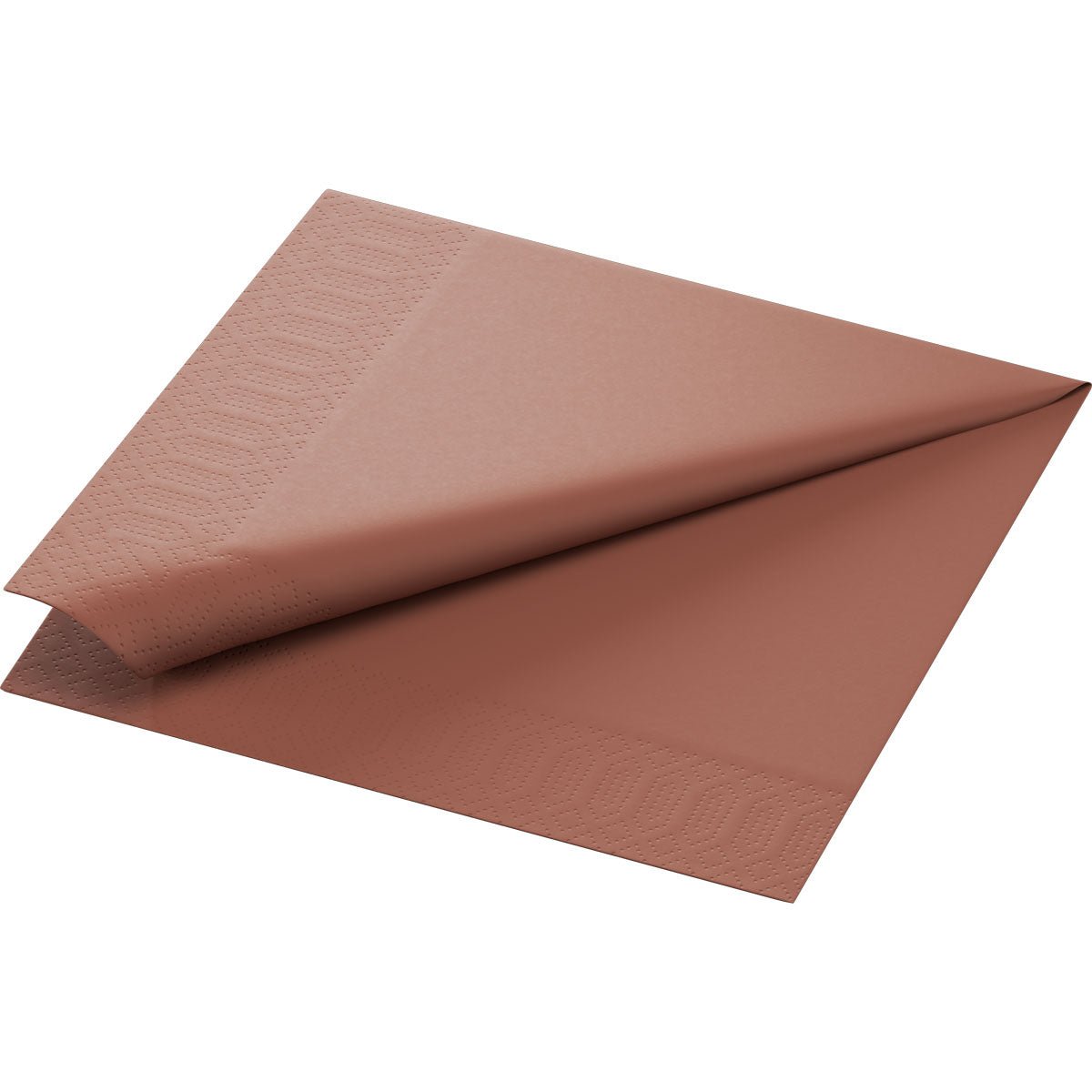 En kastanjefarvet Zellt.Serv. 40x40 cm, 3-lags, 1/4 F. papirserviet fra Duni GmbH (pakke: 250 servietter) er delvist udfoldet for at vise sin tekstur og mønstrede kanter mod en enkel hvid baggrund.