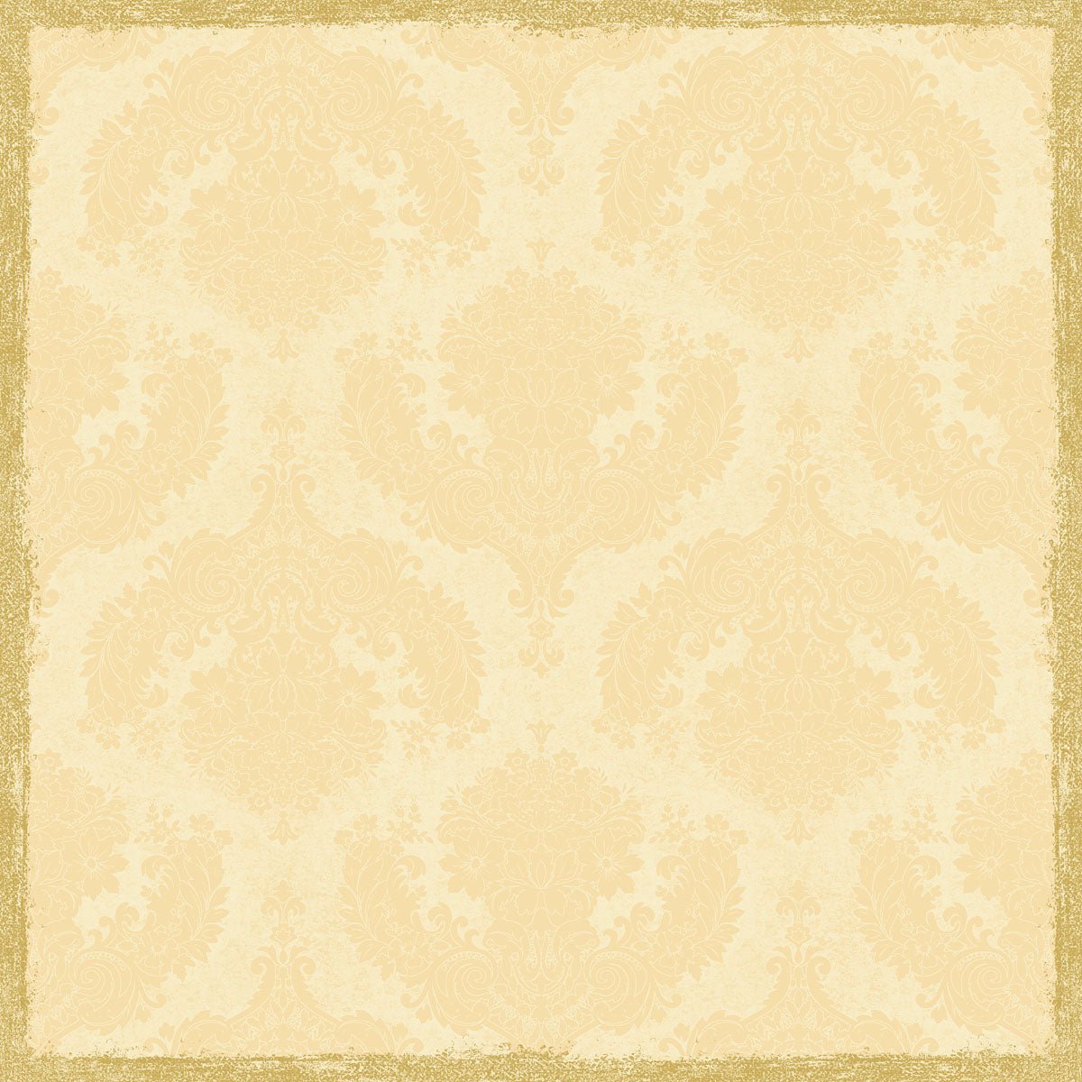Dunicel-mellemdækken 84x84 cm i royal cream fra Duni GmbH (pakke med 20 stykker) har et beige damaskdesign med et kunstfærdigt blomstermønster og en guldfarvet kant, ideel til en elegant borddekoration i vintage-stil.