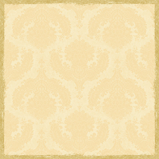 Die Dunicel Mitteldecke 84x84 cm in royal cream von Duni GmbH (Packung 20 Stück) hat ein beigefarbenes Damastdesign mit einem kunstvollen Blumenmuster und einer goldfarbenen Bordüre, ideal für eine elegante Tischdekoration im Vintage-Stil.