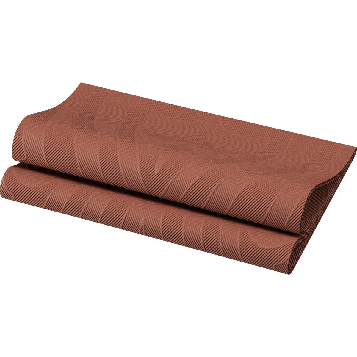 En pakke Elegance servietter 40x40 cm i Lily Chestnut fra Duni GmbH med rødbrun farvetone og bølgeformet strukturmønster står på hvid baggrund.
