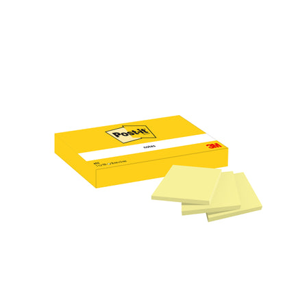 Eine gelbe Box Post-it® Notes (38 x 51 mm, gelb) von 3M Deutschland GmbH mit drei Blöcken auf der Vorderseite. Enthält 12 Blöcke/Packung (100 Blatt/Block), in Kartonverpackung, PEFC-zertifiziert-idealer Bürobedarf für Notizen und Erinnerungen.