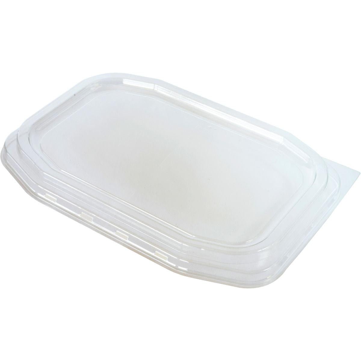 Et gennemsigtigt APET-låg til PP-middagsbakke HMR (221x154x14 mm) af mærket Duni GmbH med afrundede hjørner og forhøjet kant ses på hvid baggrund. Pakken indeholder 312 stykker.