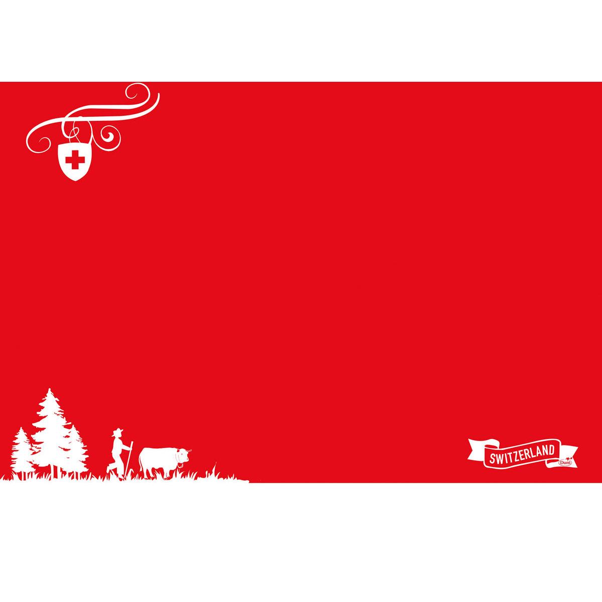 En rød-hvid grafik med et schweizisk flag, en figur med ko og træer samt et "Schweiz"-bånd - perfekt til Dunicel-bordskånere 30 x 40 cm Schweiz | Pakke (100 stykker) fra Duni GmbH.