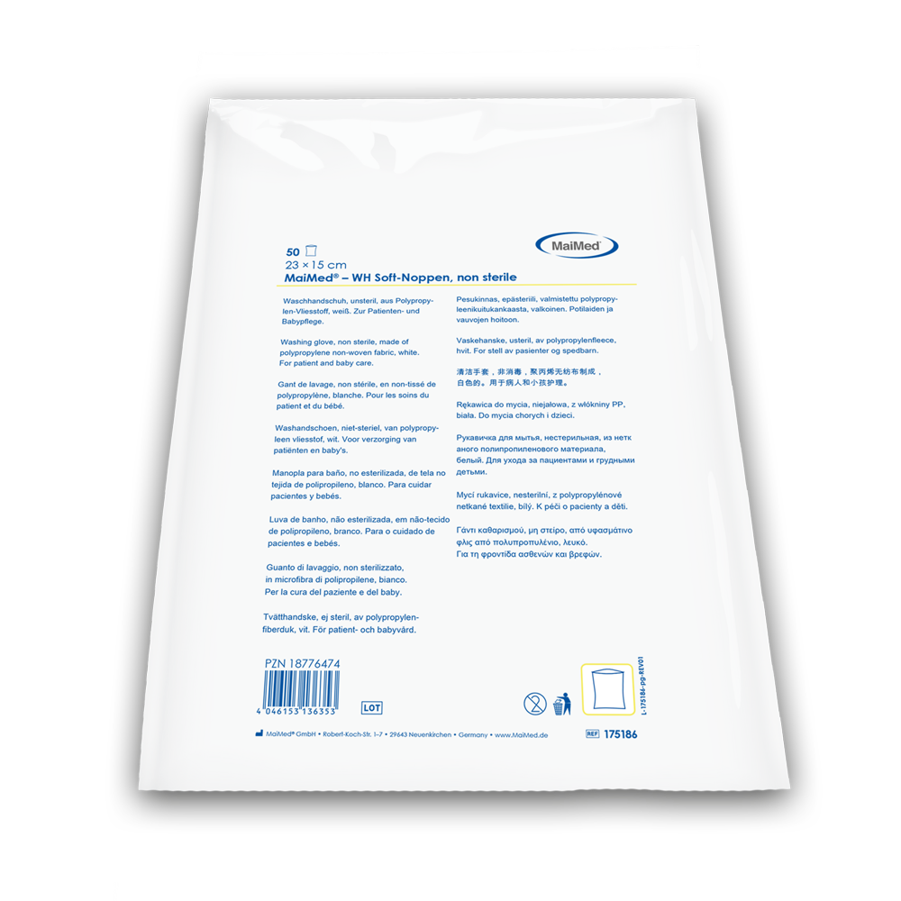 MaiMed vaskehandske bløde nubber, usteril hvid, lavet af fleece, 50 stk/polypose | Pakke (50 stk.)