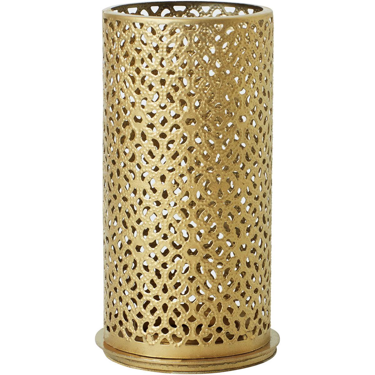 Lysestagen Bliss fra Duni GmbH (140x75 mm, guld) imponerer med sit elegante, gennembrudte metaldesign og den massive sokkel - perfekt som dekorativ holder eller organizer. 1 stykke pr. pakke.