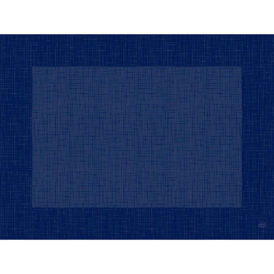 Ein großes Quadrat mit Kreuzmuster sitzt auf dunkelblauem Hintergrund und erinnert an die Dunicel-Tischsets 30 x 40 cm Linnea dunkelblau der Duni GmbH (Packung 500 Stück). In der rechten unteren Ecke befindet sich eine kleine kreisförmige Markierung.