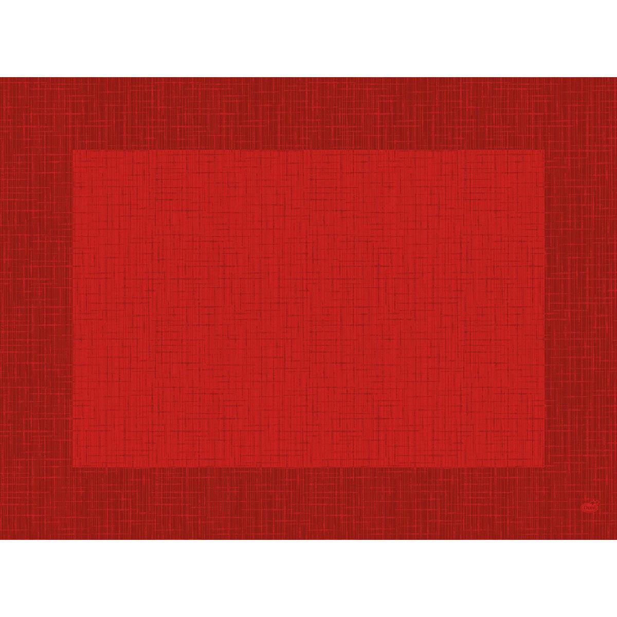 Ein rotes Quadrat, das an die Dunicel-Tischsets 30 x 40 cm Linnea rot der Duni GmbH erinnert, mit einem strukturierten Gittermuster, ist auf einem dunkleren roten Hintergrund zentriert. Ein kleines Duni-Logo erscheint diskret in der unteren rechten Ecke.