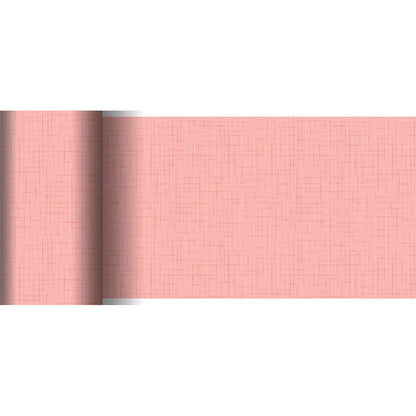 Der Duni GmbH Dunicel-Tischläufer (20 m x 15 cm) in Rosa hat ein dezentes lineares Muster und eine strukturierte Gitteroptik - perfekt für kreative Tischdekoration. Sowohl die gerollte als auch die ausgerollte Ansicht werden auf einer flachen Oberfläche gezeigt.