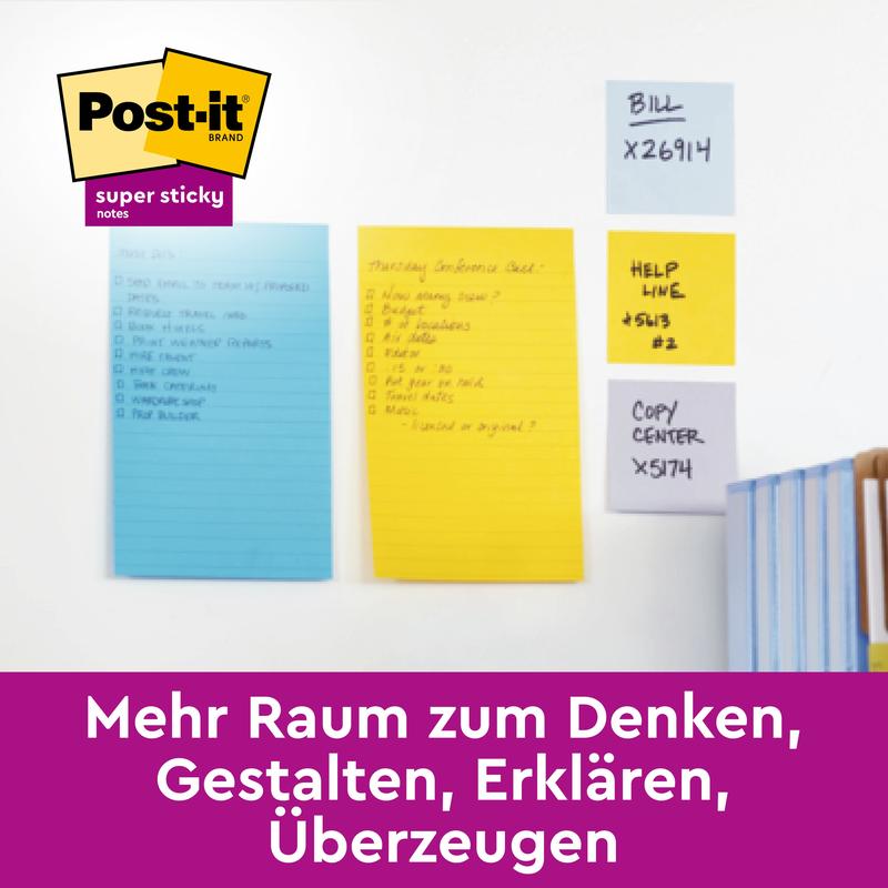Tre gule Post-it® Notes i storformat (101 x 152 mm) fra 3M Deutschland GmbH med håndskrevne lister hæfter på en hvid væg. Under dem et lilla banner: "Mere plads til at tænke, skabe, forklare, overbevise.