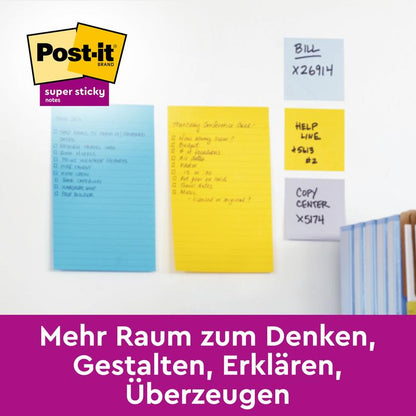 På en hvid væg hæfter store Post-it® Notes fra 3M i gul med gitter (101 x 152 mm). Til højre står bøger. Nederst et lilla banner: "Mere plads til at tænke, skabe, forklare, overbevise.