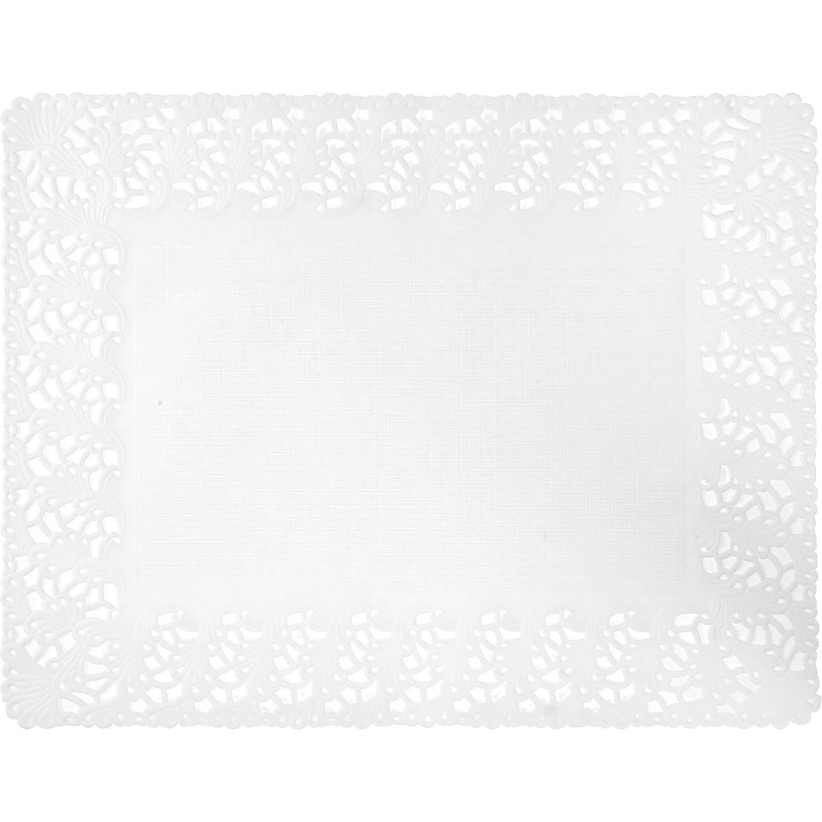 Et rektangulært Duni GmbH dekorativt blondepapir 35x45 cm, hvidt, med ornamentale kantudskæringer og solid midterdel, ideelt til elegante borddekorationer eller kageudstillinger. Pakken indeholder 250 højkvalitets håndværkspapir-kageservietter.