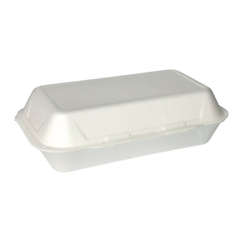 Foran en simpel hvid baggrund er en lukket, hvid Starpak 100 universalboks med klaplåg Take-away-beholder (XPS, 1800 ml, 7,5 x 24 x 13,3 cm) afbildet.
