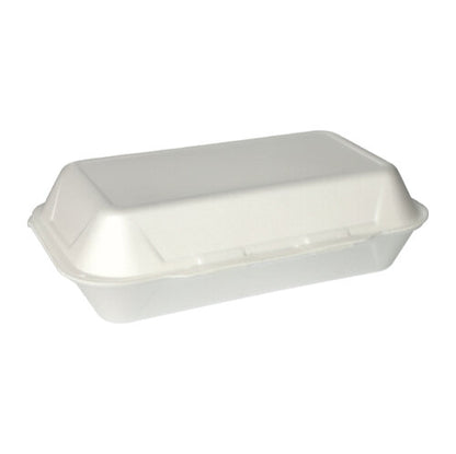 Foran en simpel hvid baggrund er en lukket, hvid Starpak 100 universalboks med klaplåg Take-away-beholder (XPS, 1800 ml, 7,5 x 24 x 13,3 cm) afbildet.