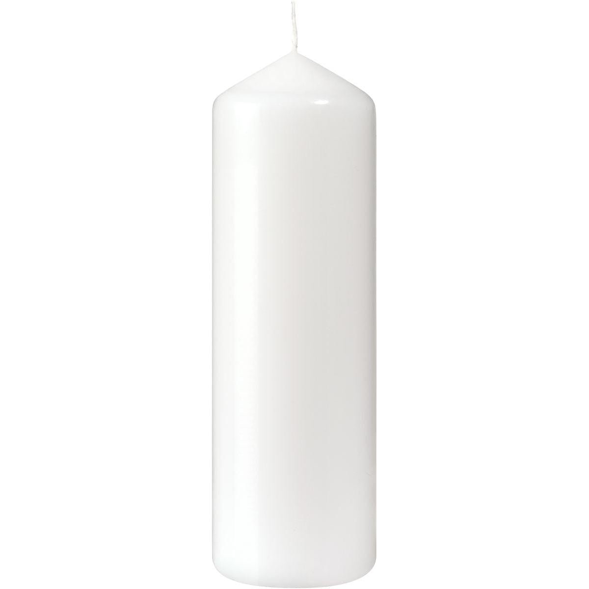 Et hvidt stumpelys (220 x 70 mm, ca. 90 timers brændetid) fra Duni GmbH med spids top og ubelyst væge står oprejst mod hvid baggrund - ideelt for alle, der søger langvarigt lys fra et lys.