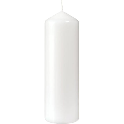 Et hvidt stumpelys (220 x 70 mm, ca. 90 timers brændetid) fra Duni GmbH med spids top og ubelyst væge står oprejst mod hvid baggrund - ideelt for alle, der søger langvarigt lys fra et lys.