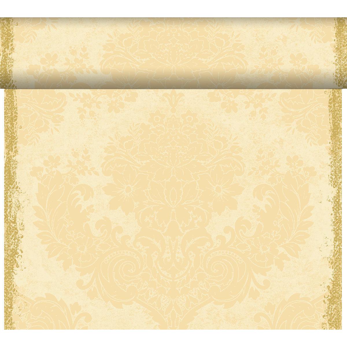 Eine beige-goldene, florale Damasttapetenrolle, teilweise abgerollt - perfekt für eine inspirierende Tischdekoration oder in Kombination mit dem Dunicel-Tischläufer Tête-à-Tête 24 m x 0,4 m (20 Abschnitte) von Duni GmbH für einen eleganten Touch.