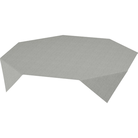Die hellgraue Dunisilk MD Tischdecke 84x84 cm in Linnea grau der Duni GmbH aus hochwertigem Stoff bedeckt einen achteckigen Tisch mit einer glatten, fein strukturierten Oberfläche; erhältlich im 20er-Pack.