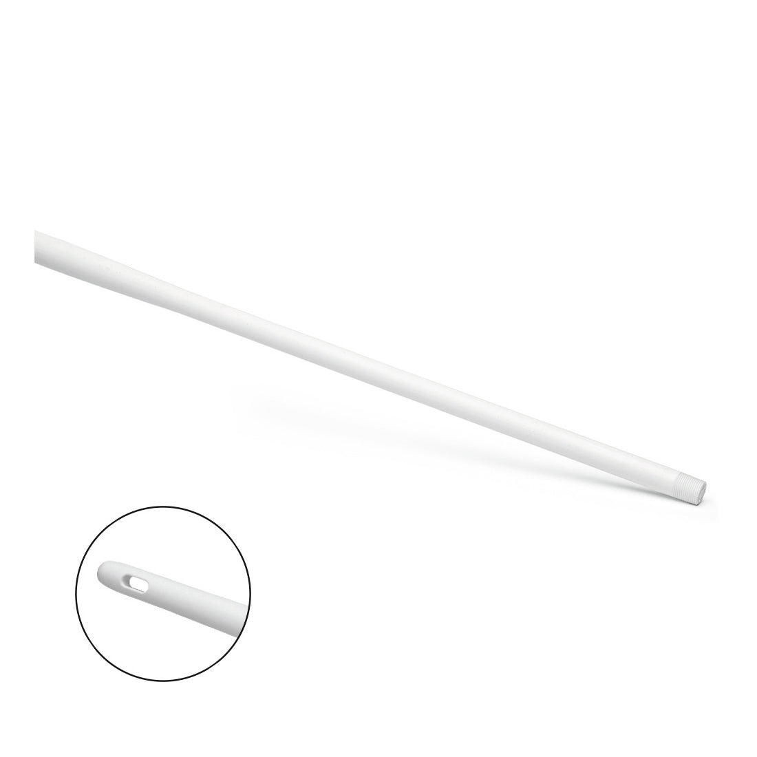 Der Nölle Profi Brush HACCP Ergo-Stiel Kunststoff 145 cm von Nölle Profi Brush Bürsten- & Pinseltechnik e.K. ist ein weißer Kunststoffstiel mit ergonomischem Design und abgeschrägter Spitze. Die Nahaufnahme zeigt das ovale Loch am Ende des Stiels vor einem schlichten weißen Hintergrund.