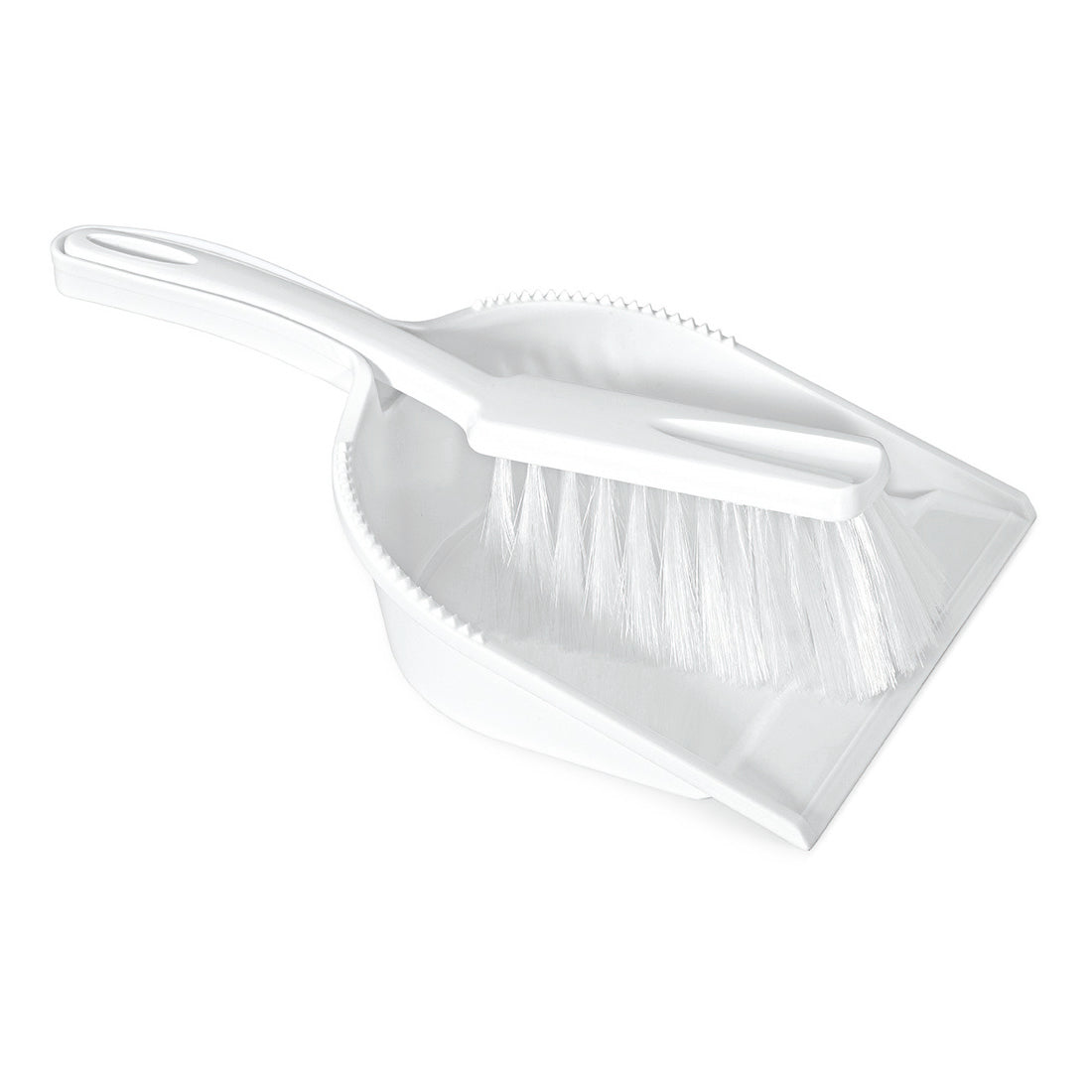 Gezeigt wird die Nölle Profi Brush HACCP Kehrgarnitur Borste 0,25 mm weiche Borsten von Nölle Profi Brush Bürsten- & Pinseltechnik e.K. mit weißer Kehrschaufel und weichem Borstenpinsel im HACCP-konformen Gebrauchsdesign.