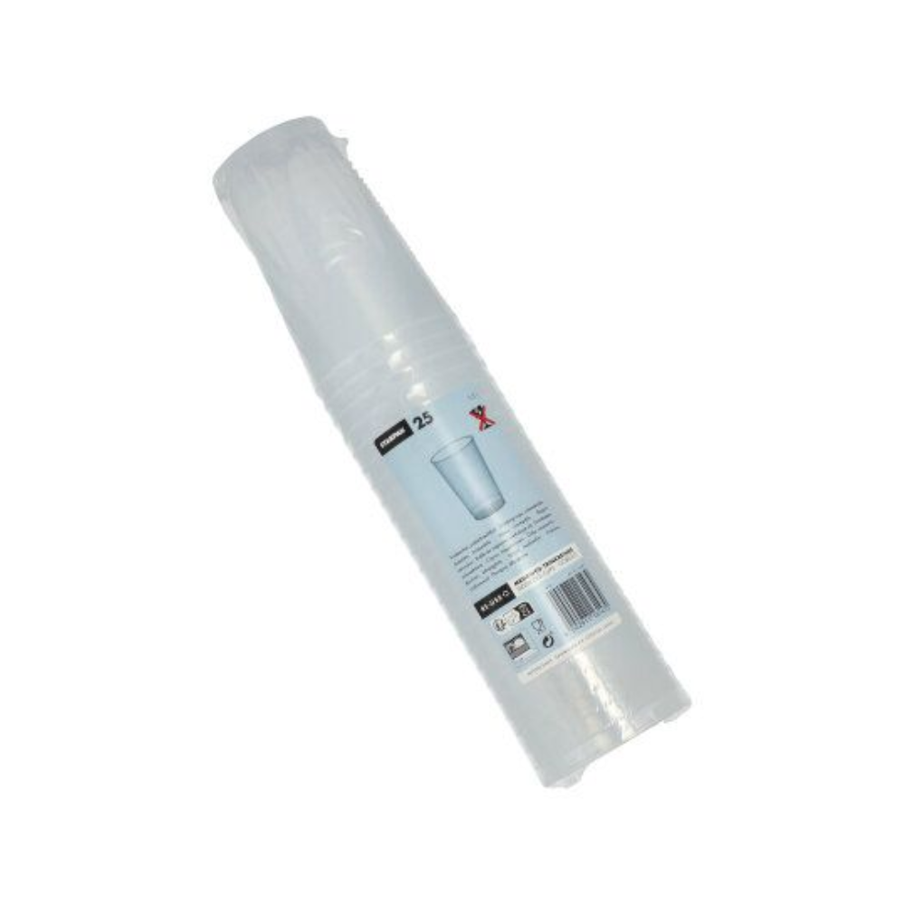 En i plastik indpakket pakke med gennemsigtige, uknuselige engangsbægre med teksten "Starpak flergangs plastikbæger (PP) 0,3 l Ø 7,8 cm · 11,8 cm" indeholder 25 stykker. Etiketten er forsynet med genbrugssymboler og en stregkode, og bægrene er stablet lodret i emballagen.