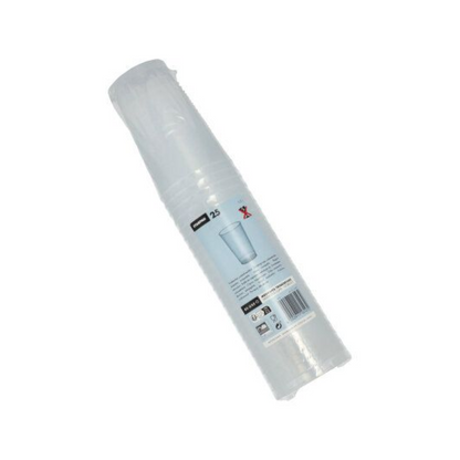 En i plastik indpakket pakke med gennemsigtige, uknuselige engangsbægre med teksten "Starpak flergangs plastikbæger (PP) 0,3 l Ø 7,8 cm · 11,8 cm" indeholder 25 stykker. Etiketten er forsynet med genbrugssymboler og en stregkode, og bægrene er stablet lodret i emballagen.