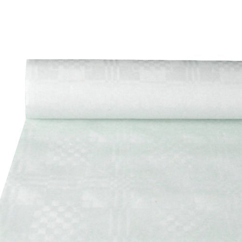 En delvist udrullet rulle PAPSTAR GmbH papirserviet med damastprægning, hvid (10 m x 1,2 m), fremhæver den elegante struktur – ideel til et stilfuldt dækket bord. Den enkle baggrund leder opmærksomheden hen på den eksklusive damastprægning.