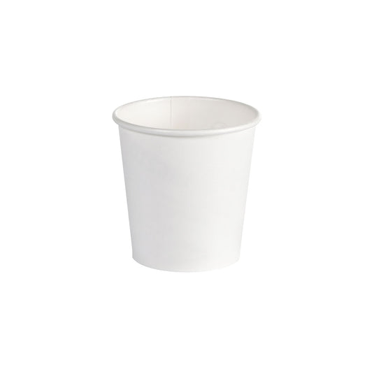 En hvid kaffekop lavet af PAP/PLA fra Duni GmbH med en kapacitet på 120 ml ses centreret på en hvid baggrund; pakken indeholder 45 stykker.