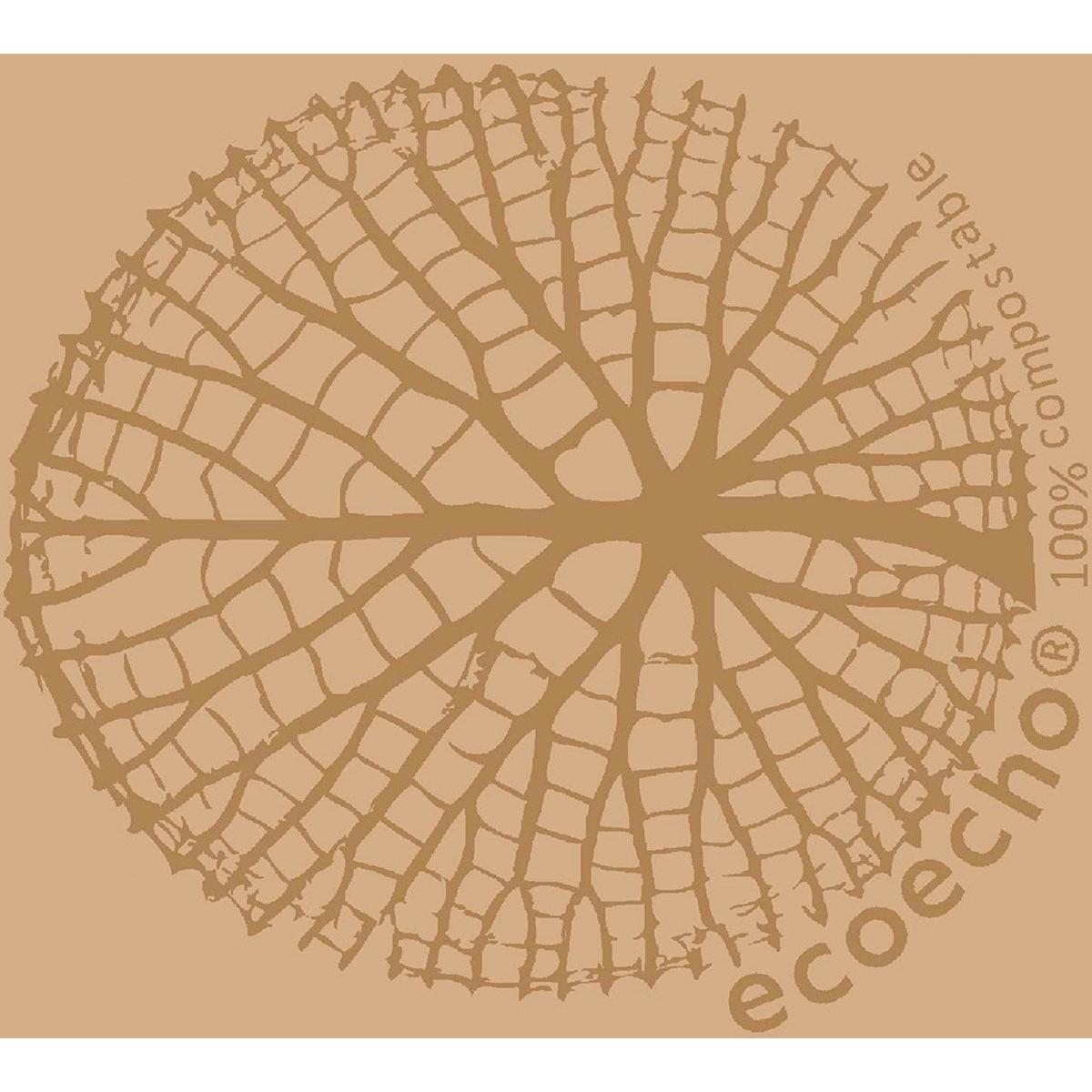 Et stiliseret, cirkulært bladåremønster pryder de lysebrune Duni GmbH Zellstofservietter 33 x 33 cm 3-lags. "Ecoecho® 100% komposterbar" i brun skrift fremhæver disse biologisk nedbrydelige bio-servietter (50 stykker).