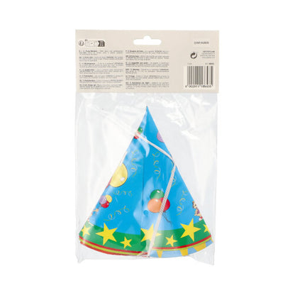 I en klar plastemballage fra PAPSTAR GmbH er der fem farverige, kegleformede partyhatte "PAPSTAR 5 Hatte" med festligt motiv, på det øverste mærke er der en brugsanvisning og en stregkode.