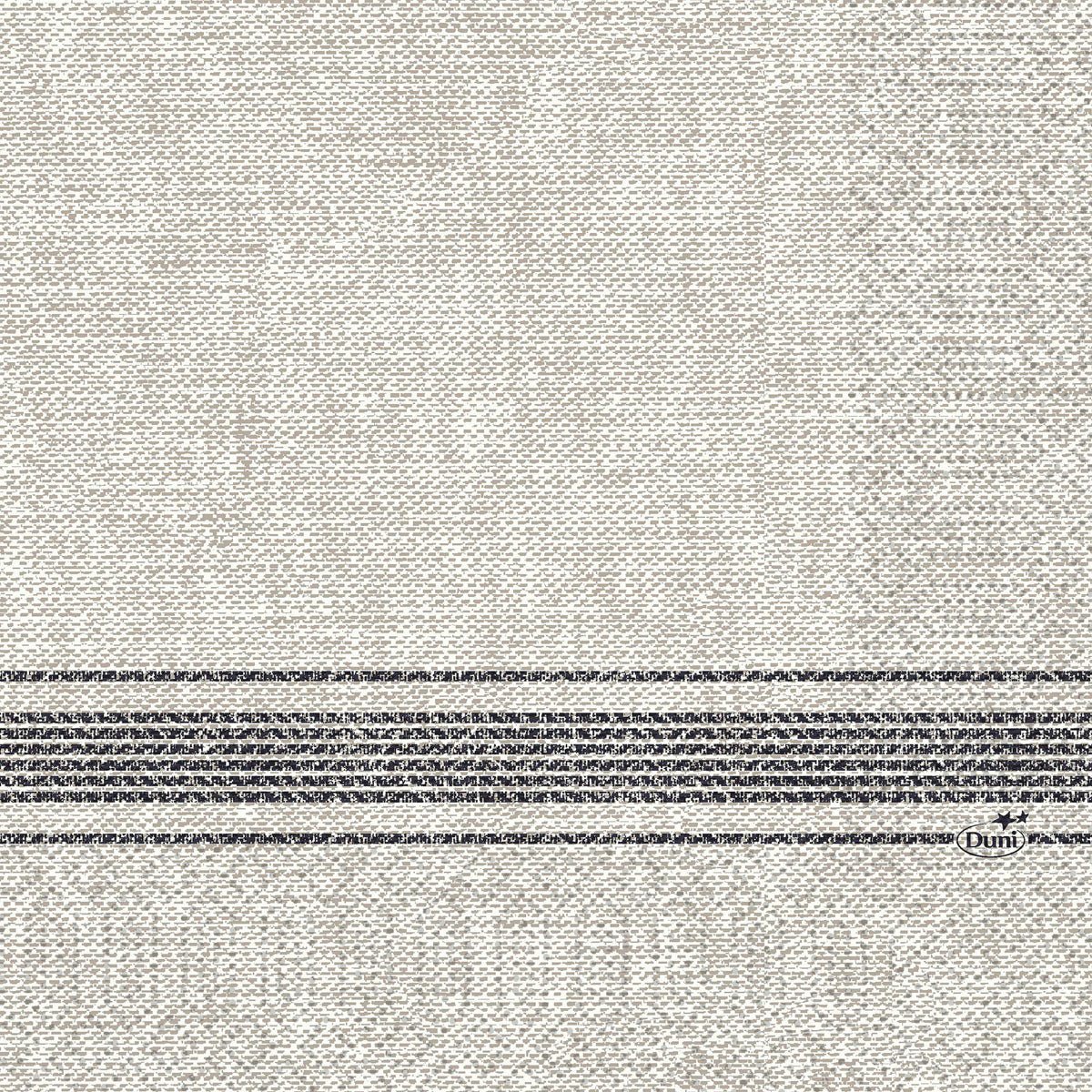 De Zellulose servietter 33 x 33 cm 3-lags 1/4 fold Cocina sort fra Duni GmbH har et struktureret beige stof med vandrette mørkegrå striber i den nederste del og trykket "Duni" i det stribede område. Pakken indeholder 250 stykker.