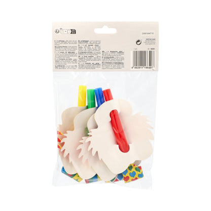 Eine durchsichtige Tüte der PAPSTAR GmbH enthält 4 bunte Clowngesichter, die sich perfekt für Partys und Feste eignen. Das Verpackungsetikett mit Text und Barcode ist sichtbar - ein lustiges Accessoire für festliche Anlässe!.